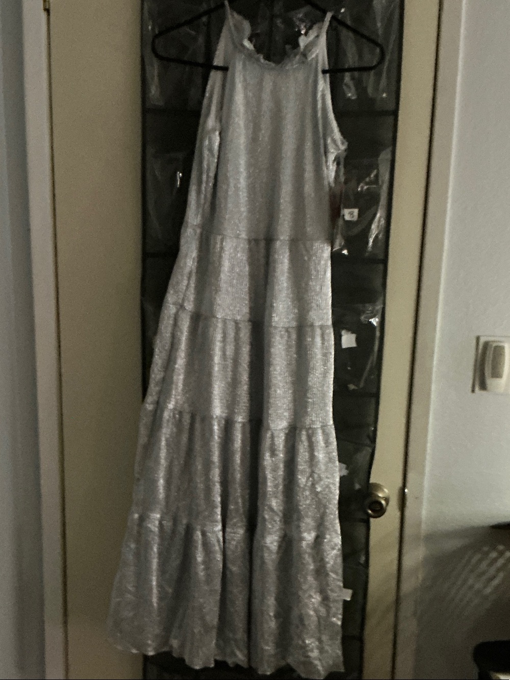 Rare Editions Metallic Silver Tiered Halter Maxi Dress